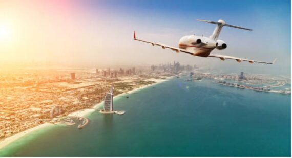 image of a plane approaching Dubai skyline