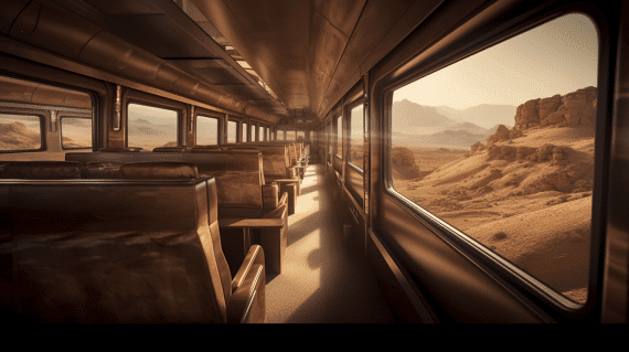 A luxurious Etihad Rail train carriage interior with elegant decor, panoramic windows, and desert landscapes visible outside