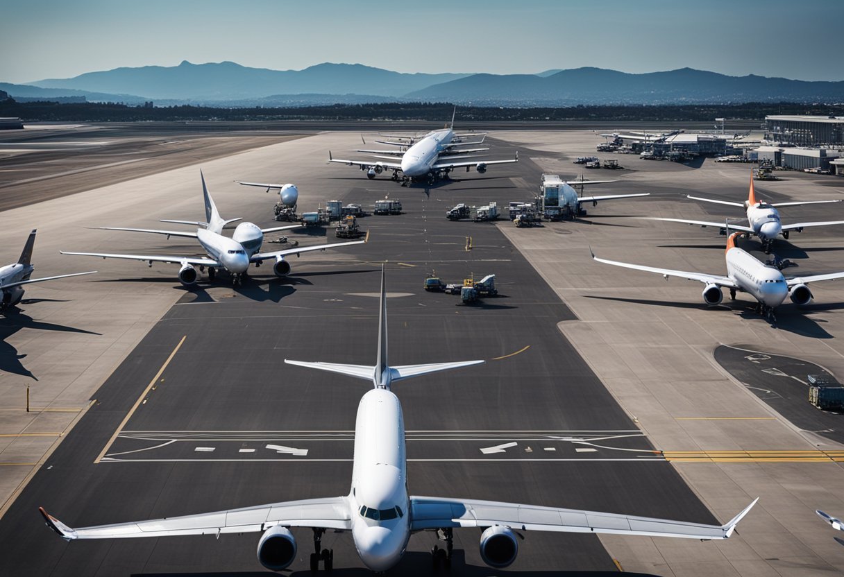 A group of airplanes on a runway Description automatically generated