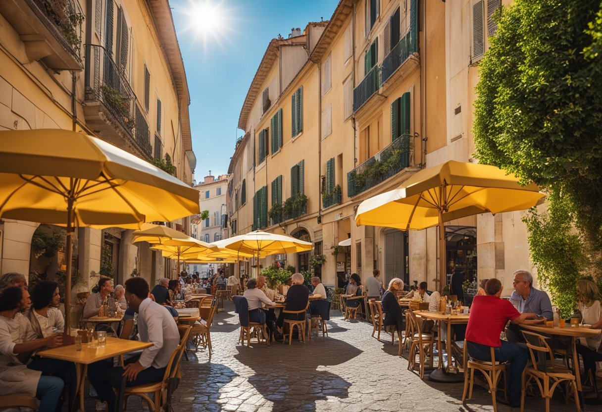 A group of people sitting at tables in a street with yellow umbrellas Description automatically generated