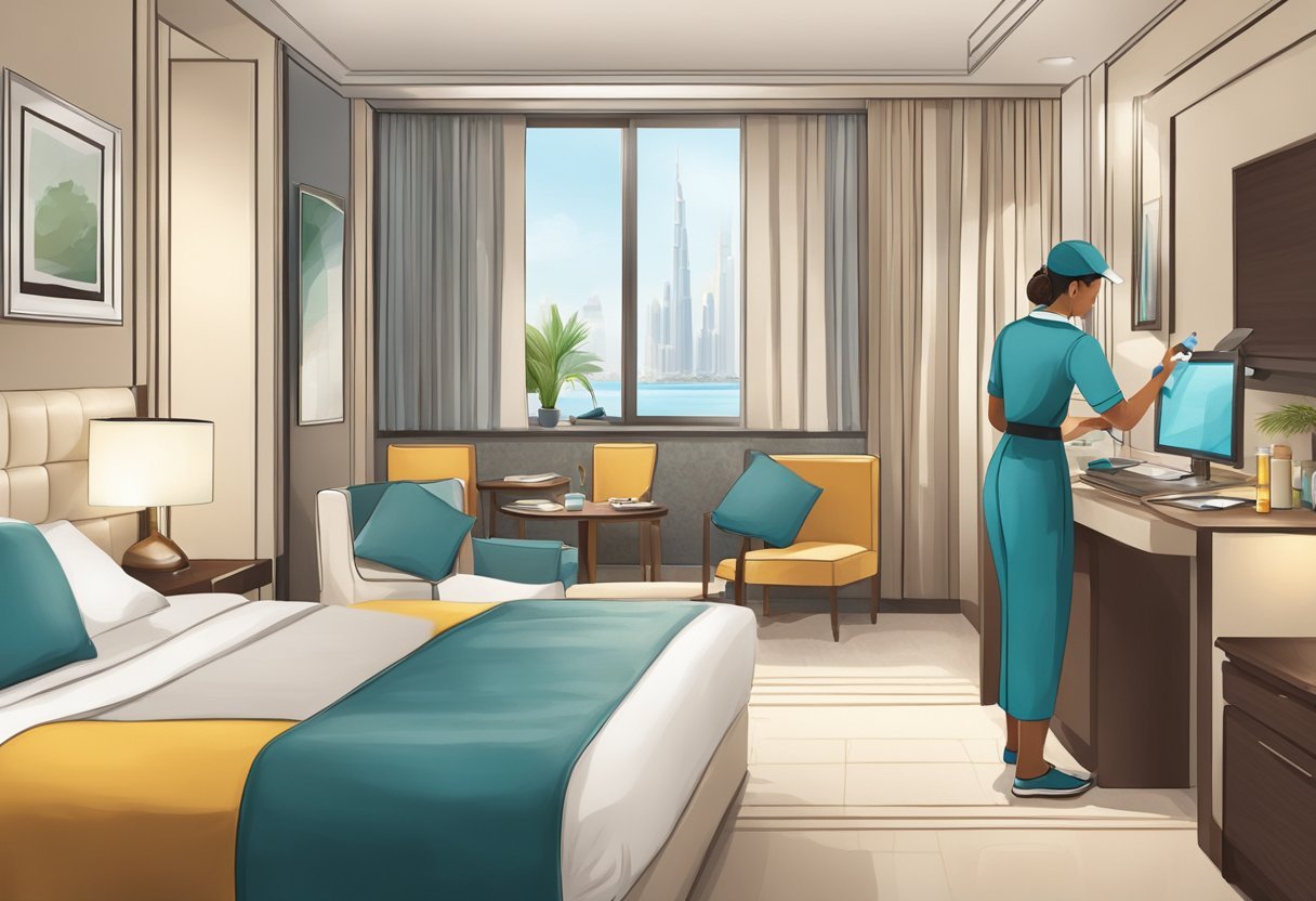 A hotel room with a maid in the background Description automatically generated