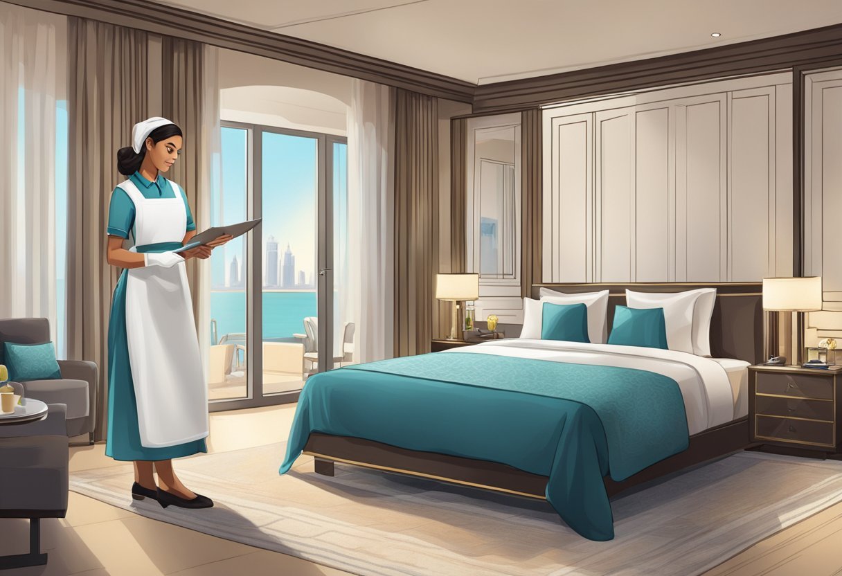 Una criada en una habitación de hotel Descripción generada automáticamente