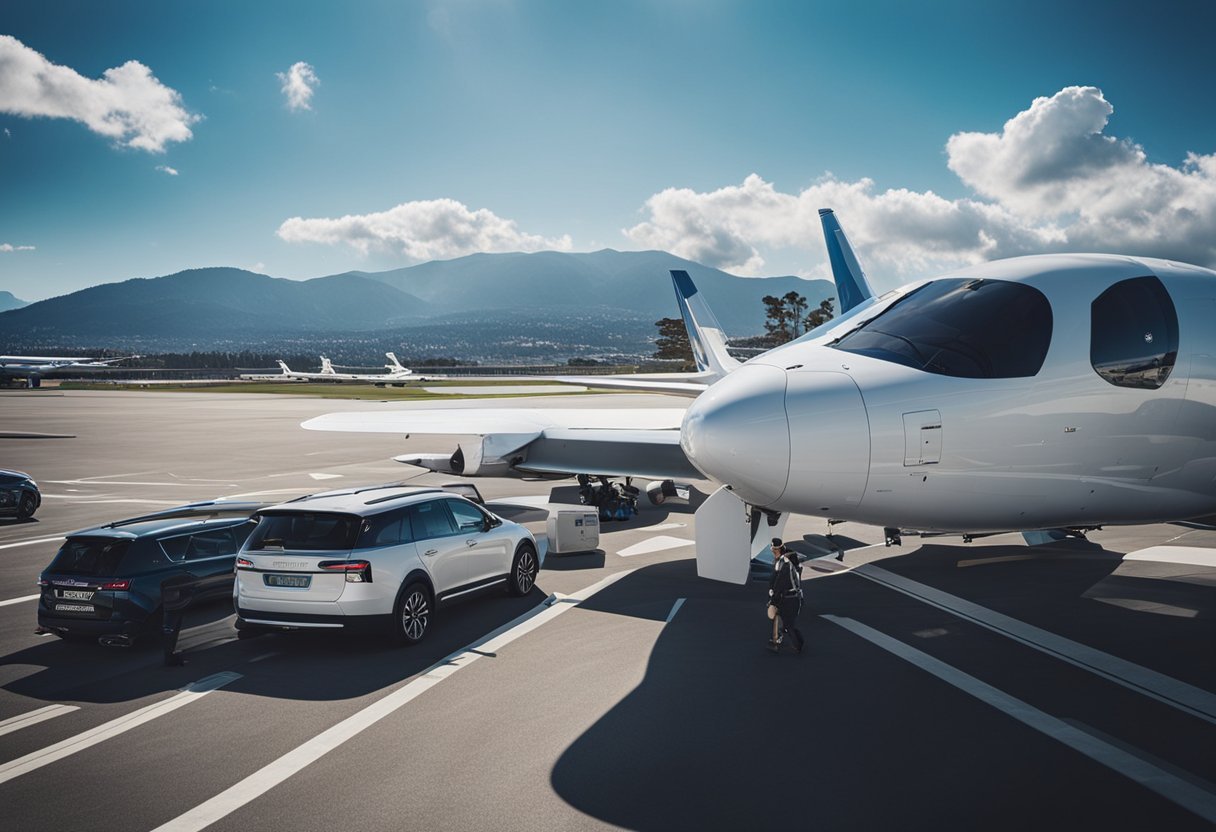 A white airplane and cars on a runway Description automatically generated