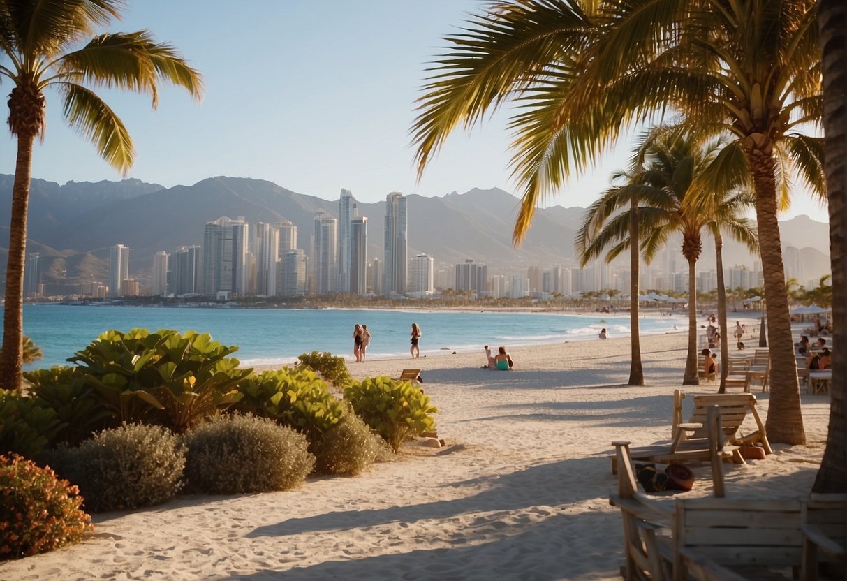 Une plage avec des palmiers et une ville en arrière-planDescription générée automatiquement