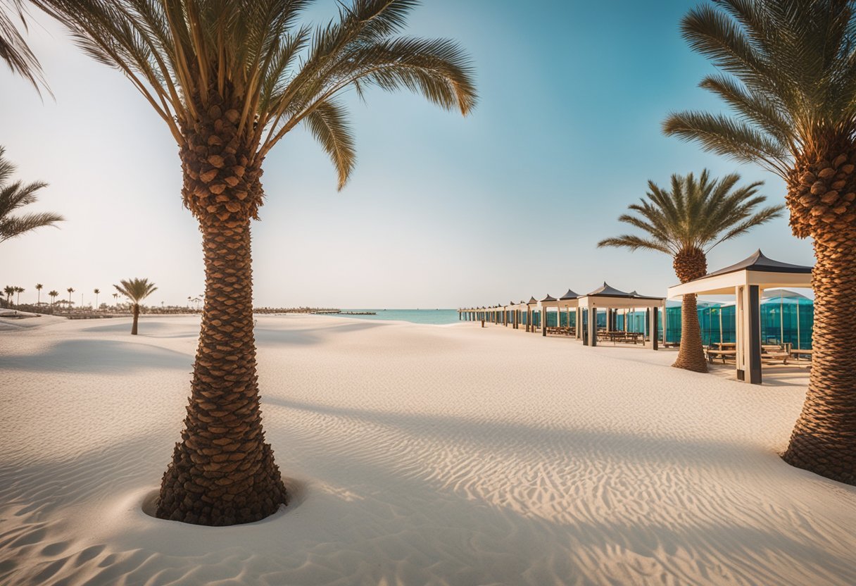 Пляж с пальмами и рядом зонтиковОписание создается автоматически