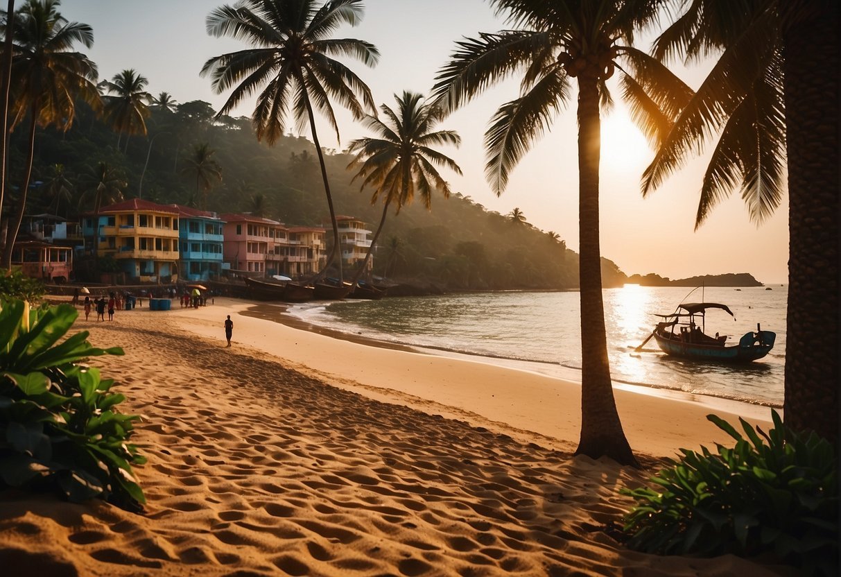 Пляж с пальмами и постройкамиОписание создается автоматически