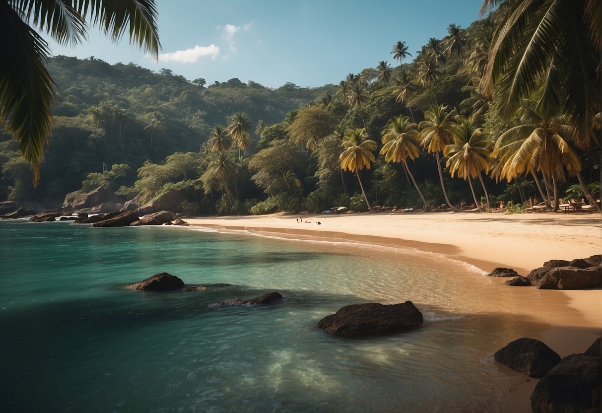 A beach with palm trees and rocks

Description automatically generated