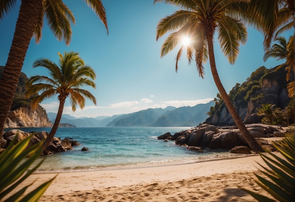 A beach with palm trees and waterDescription automatically generated