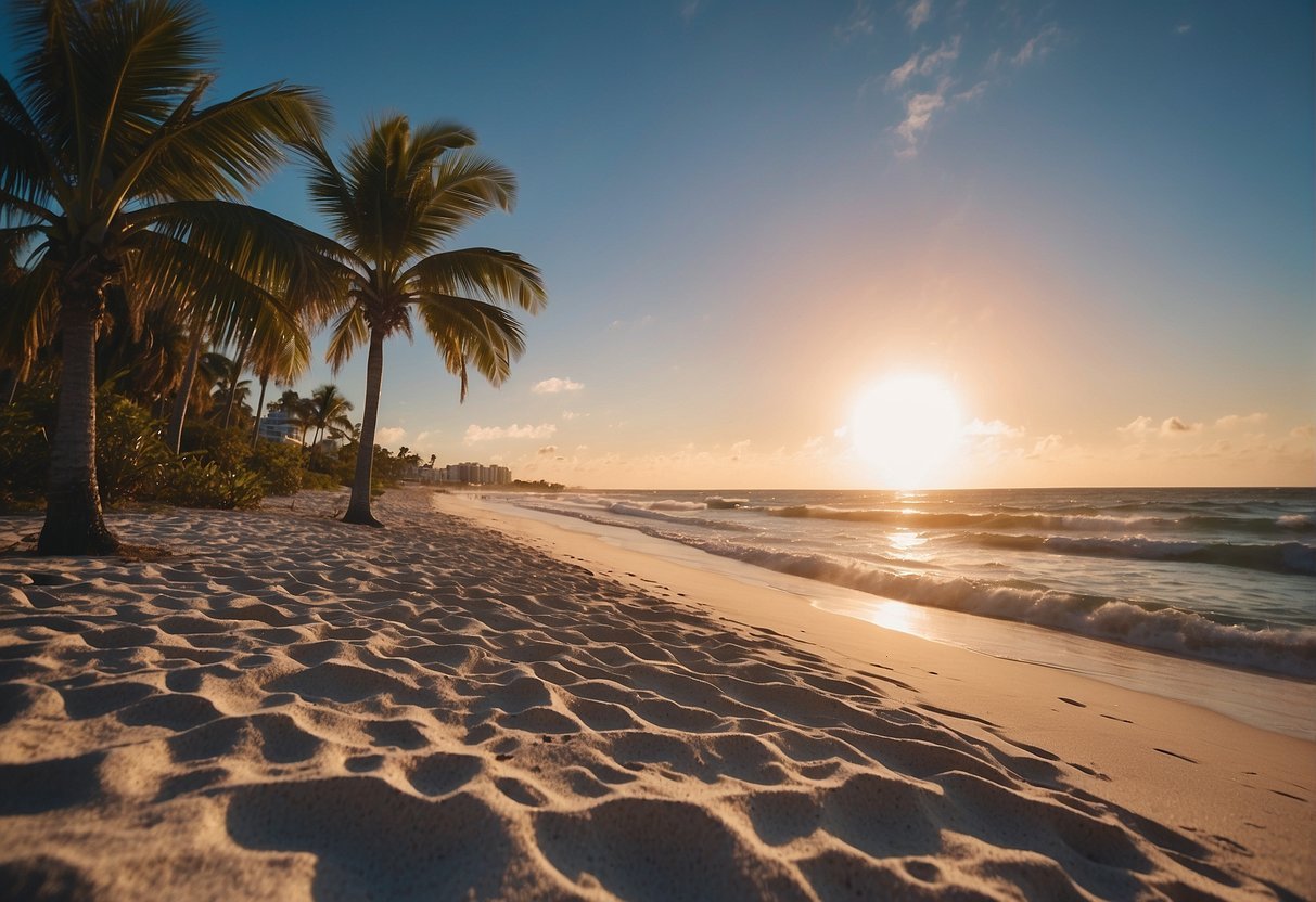 Une plage avec des palmiers et des vaguesDescription générée automatiquement