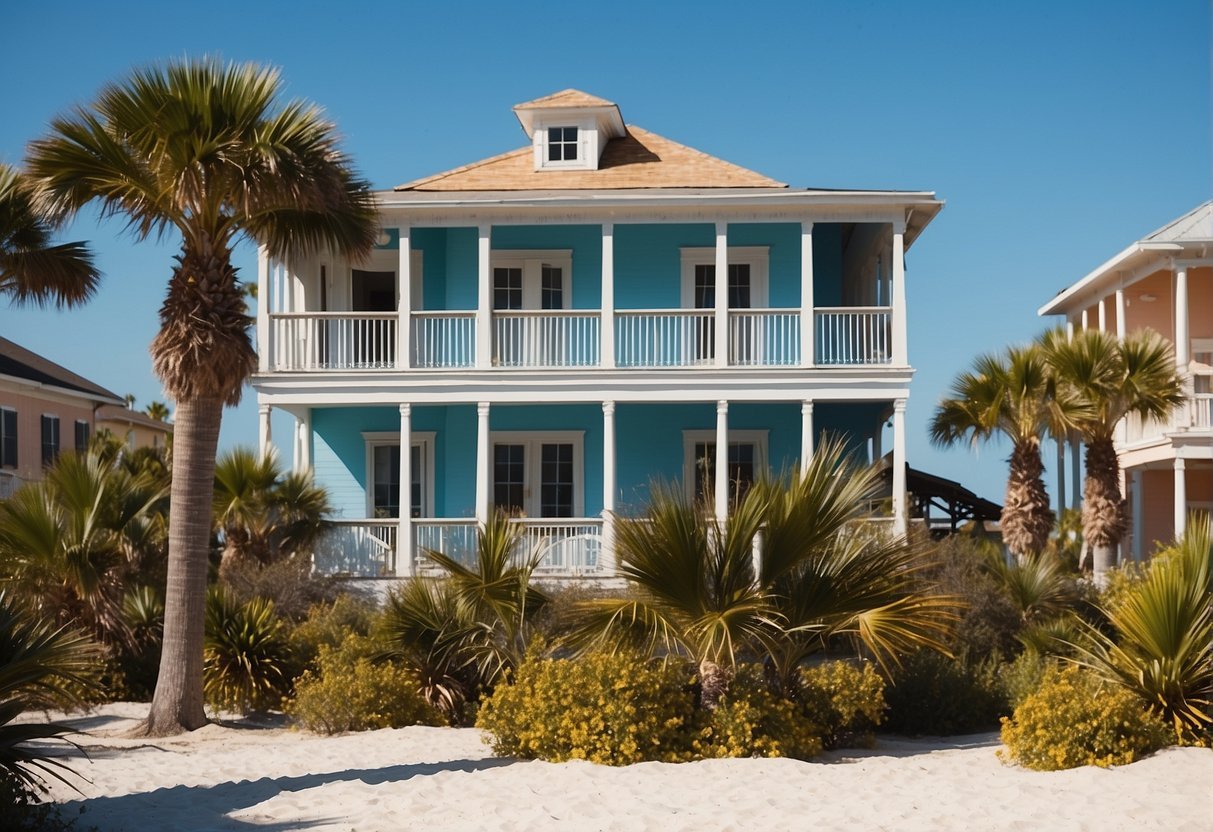 Uma casa azul com pilares brancos e palmeirasDescrição gerada automaticamente