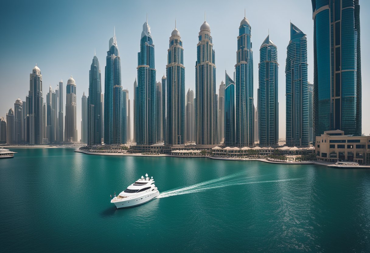 Лодка в воде на фоне высоких зданийОписание создается автоматически