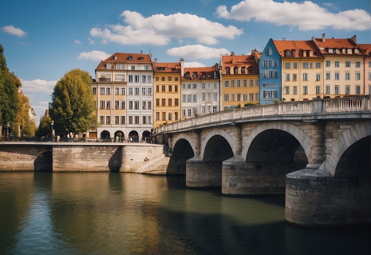 A bridge over a river with buildings in the background

Description automatically generated