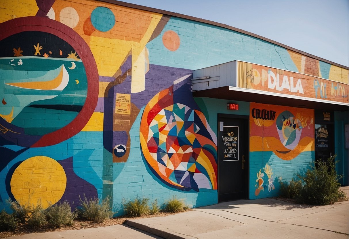 किनारे पर रंगीन कला के साथ एक इमारत का विवरण स्वचालित रूप से उत्पन्न होता है
