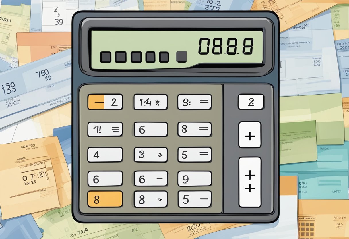 A calculator on a pile of bills Description automatically generated