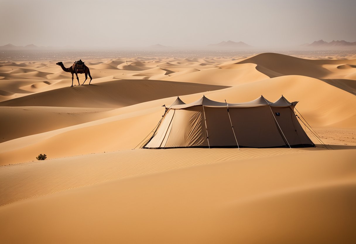 Верблюд, стоящий в пустынеОписание создается автоматически