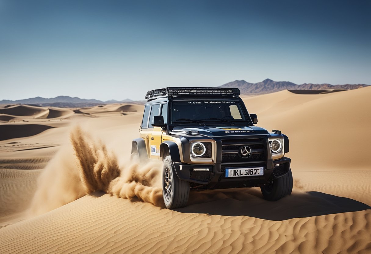 रेगिस्तान के माध्यम से चलने वाली कार का विवरण स्वचालित रूप से उत्पन्न होता है