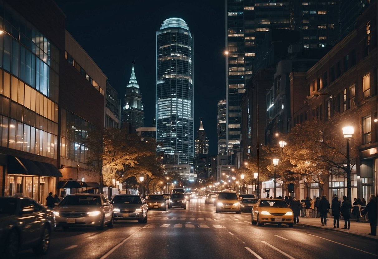 Uma rua da cidade com carros e edifícios à noiteDescrição gerada automaticamente