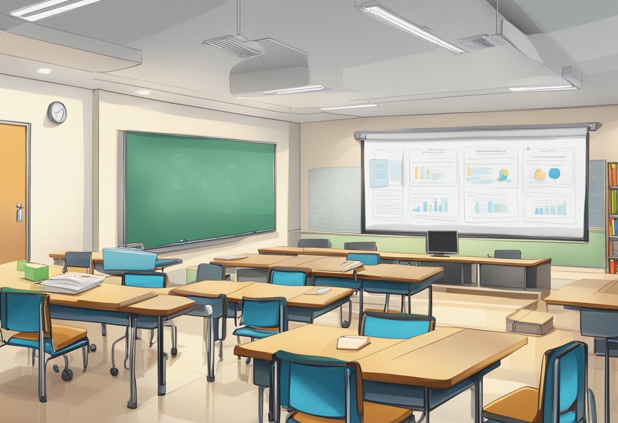 A classroom with desks and a green boardDescription automatically generated