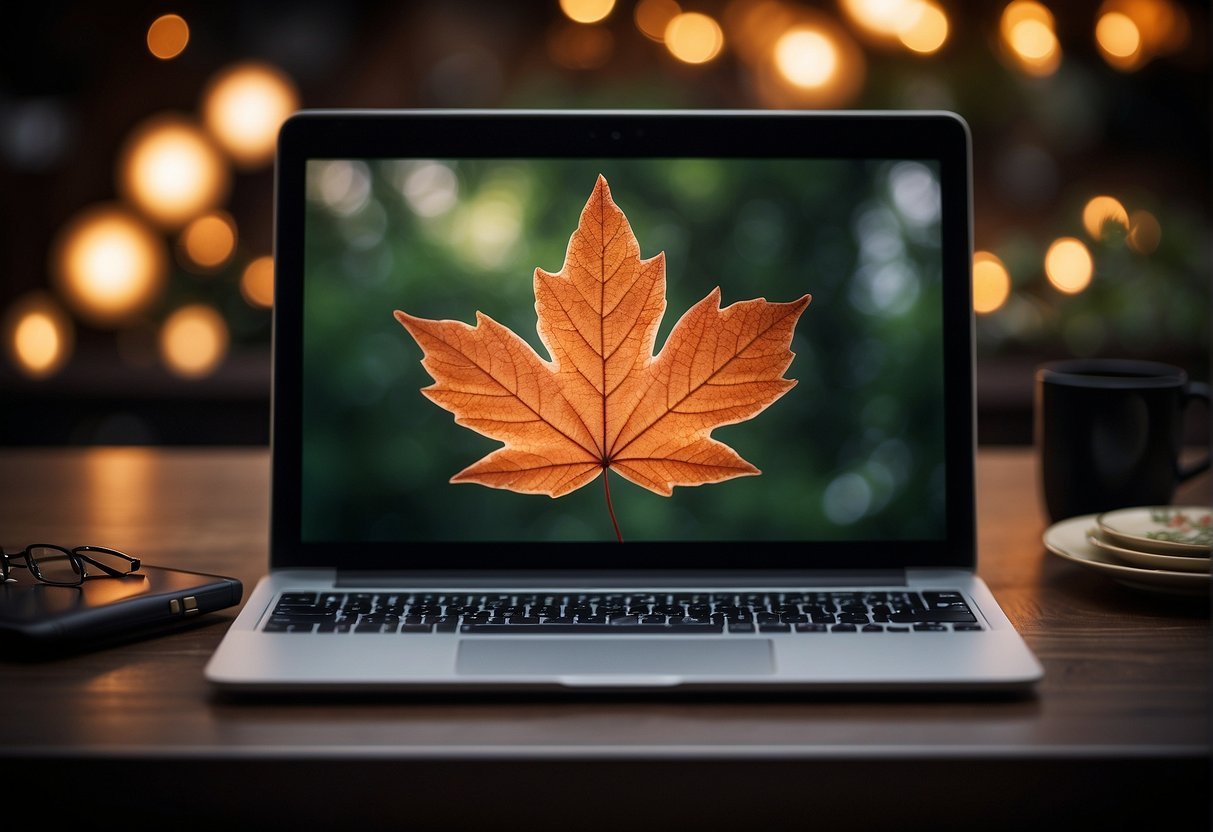 A computer with a leaf on the screenDescription automatically generated