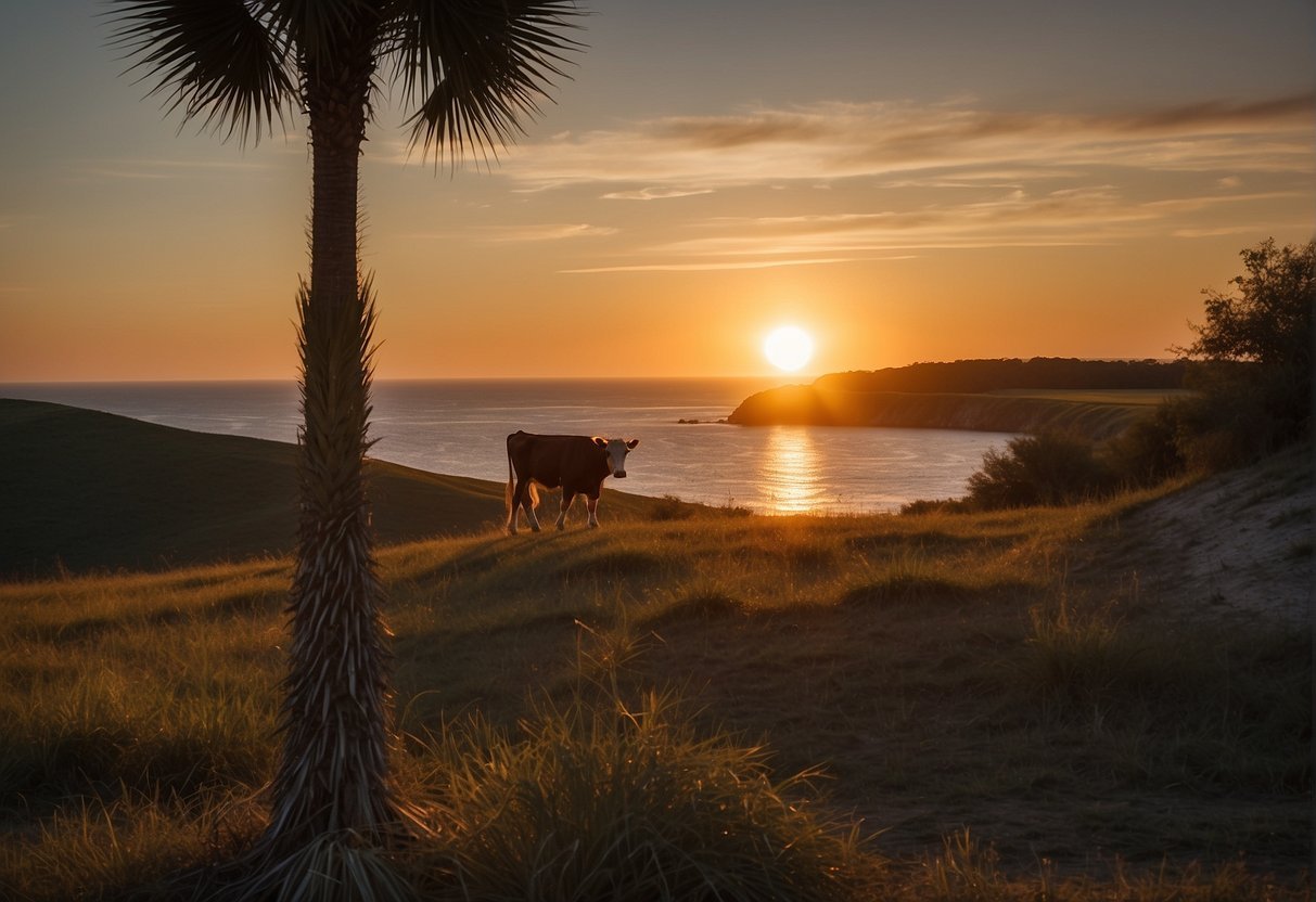 A cow standing on a hill with a palm tree and a sunsetDescription automatically generated