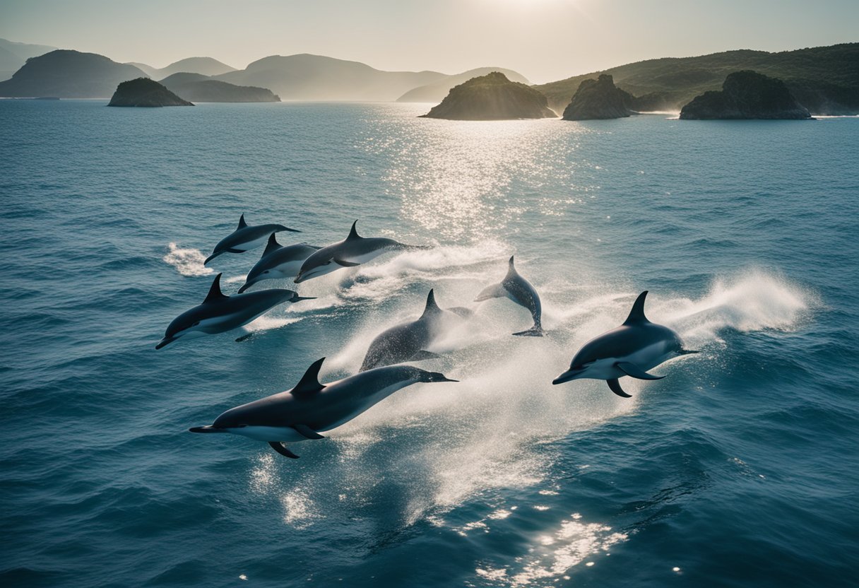 A group of dolphins jumping out of the waterDescription automatically generated