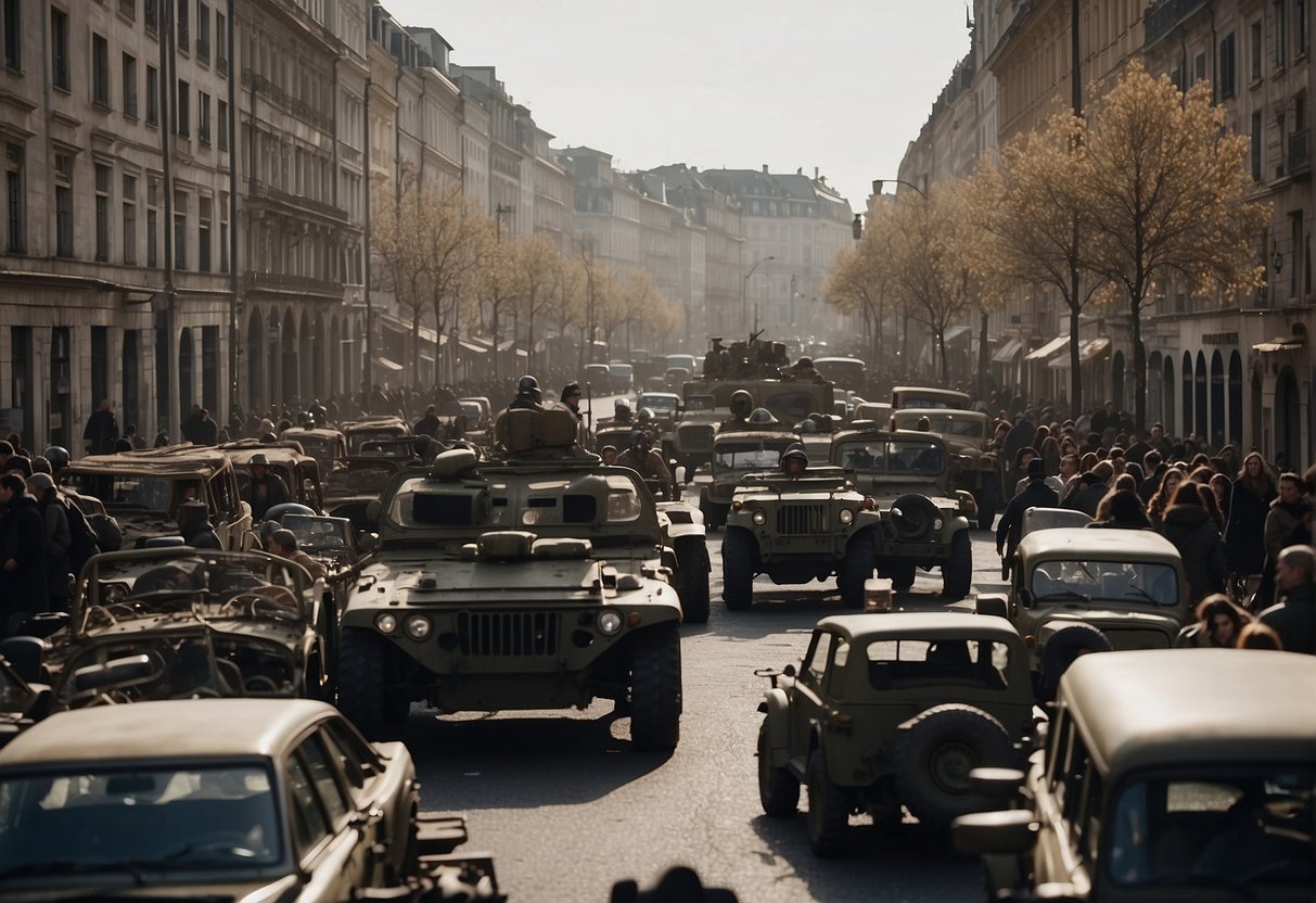 A group of military vehicles in a streetDescription automatically generated