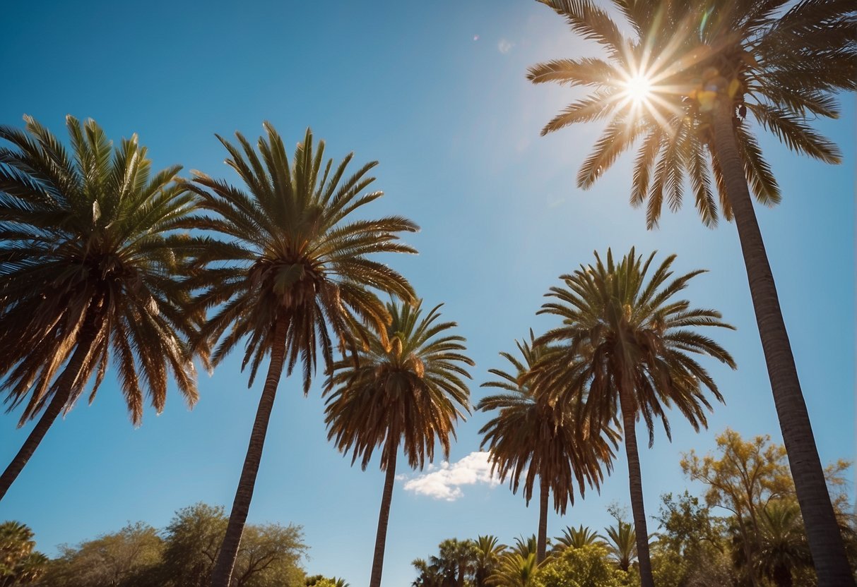 A group of palm trees with the sun shining throughDescription automatically generated