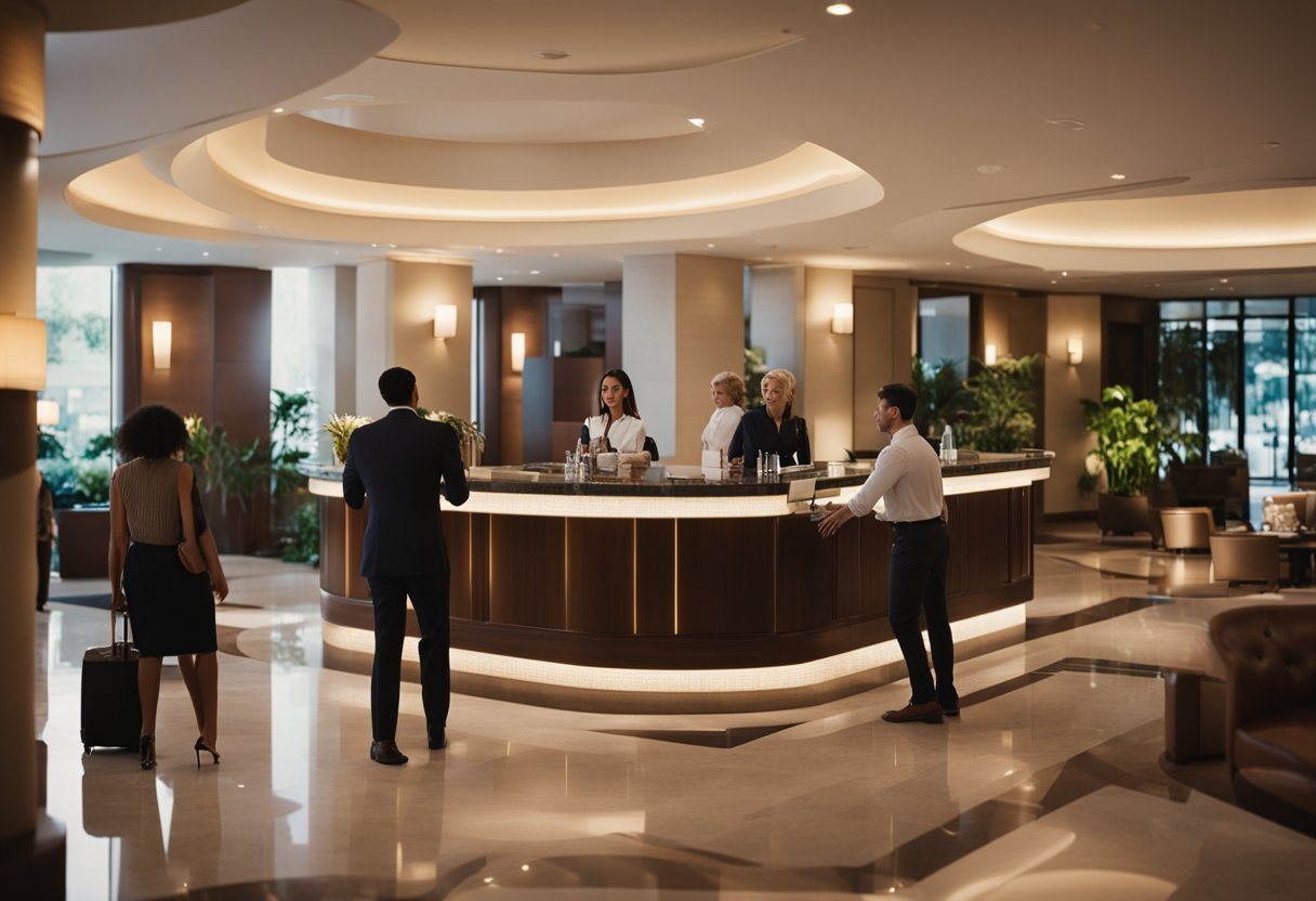 Un grupo de personas en el lobby de un hotelDescripción generada automáticamente