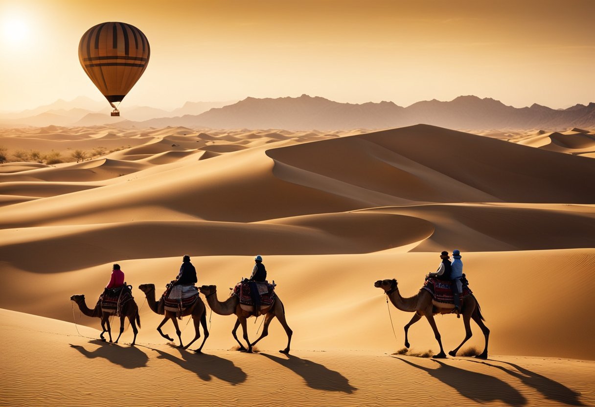 A group of people riding camels in the desertDescription automatically generated