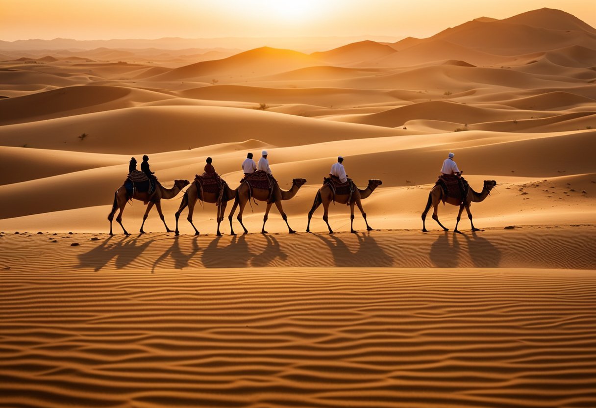 A group of people riding camels in the desertDescription automatically generated