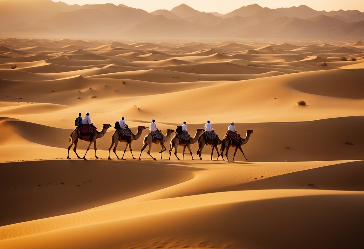 A group of people riding camels in the desert

Description automatically generated