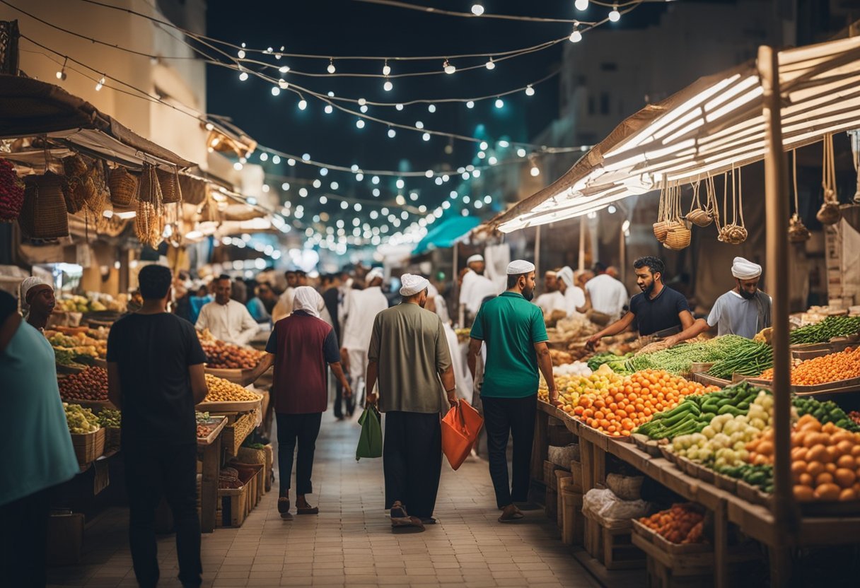 A group of people walking in a market

Description automatically generated