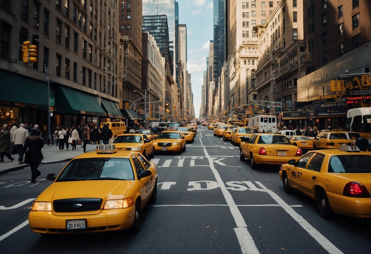 Um grupo de táxis amarelos em uma rua da cidadeDescrição gerada automaticamente