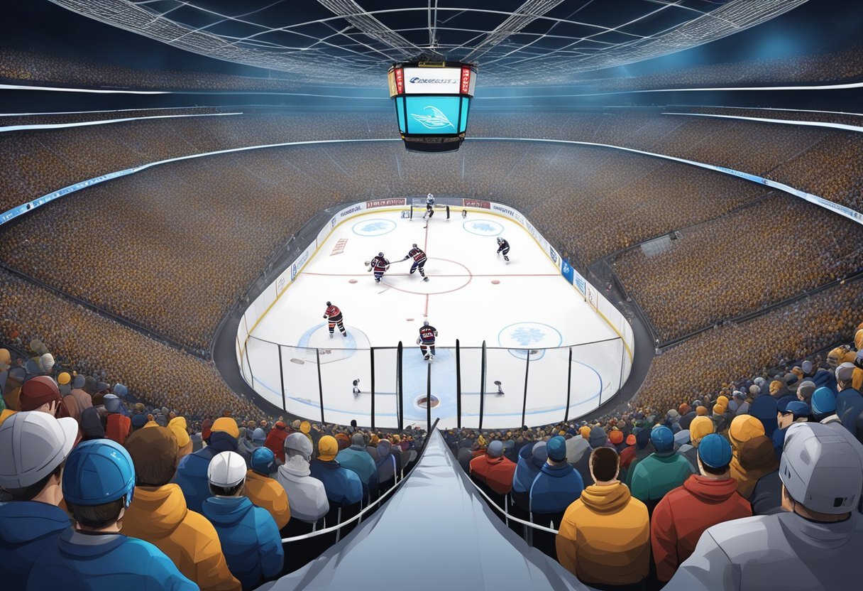 A hockey arena with people watchingDescription automatically generated