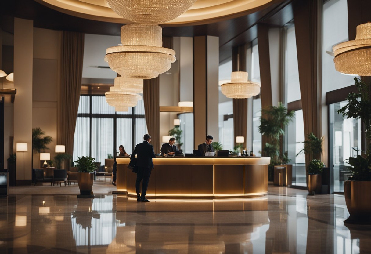 A hotel lobby with a large chandelierDescription automatically generated