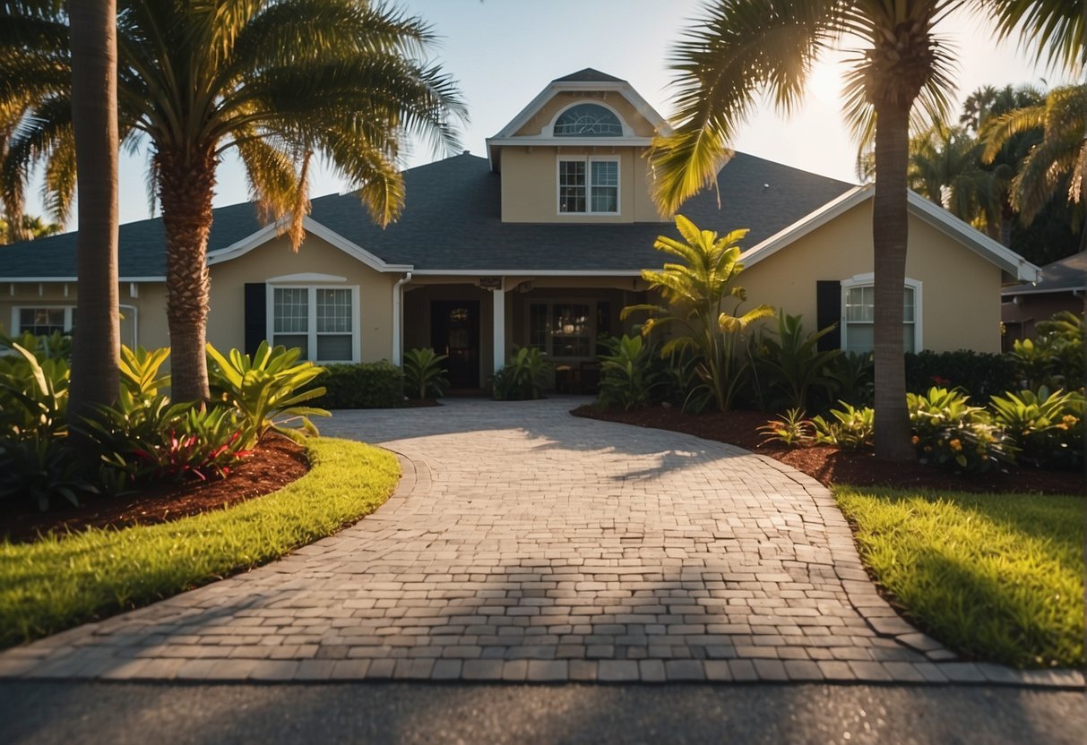 A house with palm trees and a drivewayDescription automatically generated