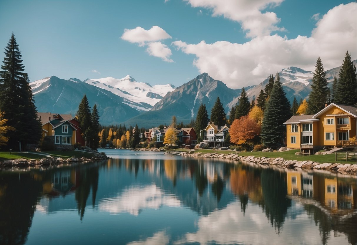 Un lac avec des maisons et des montagnes en arrière-planDescription générée automatiquement