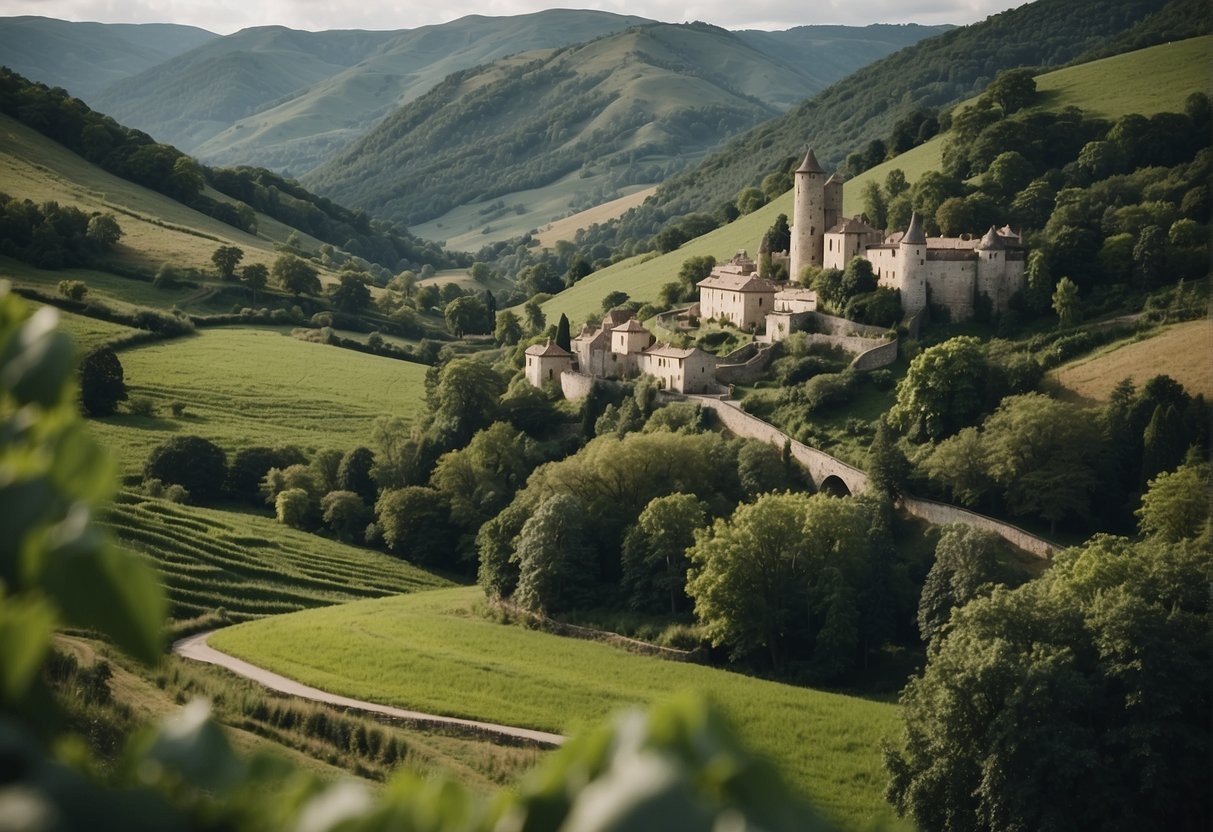 Пейзаж с замком и зелеными холмамиОписание создается автоматически со средней достоверностью