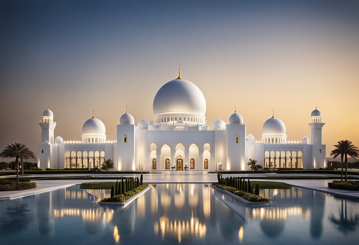 A large white building with domes and a pool of water with Sheikh Zayed Mosque in the backgroundDescription automatically generated