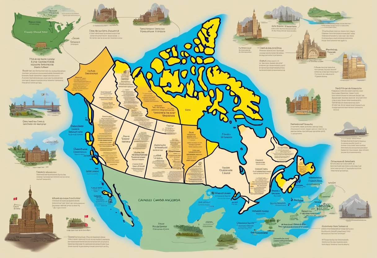विभिन्न रंगीन क्षेत्रों के विवरण के साथ कनाडा का एक नक्शा स्वचालित रूप से उत्पन्न होता है