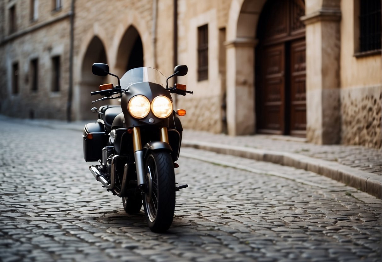 A motorcycle on a cobblestone streetDescription automatically generated