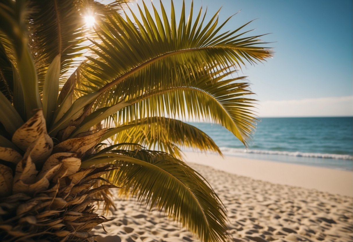 A palm tree on a beach

Description automatically generated