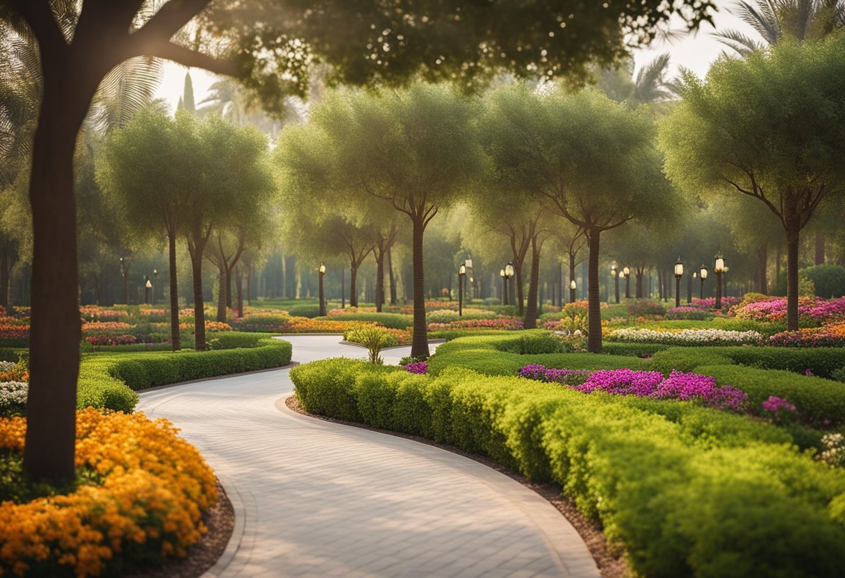Un chemin dans un parc avec arbres et buissonsDescription générée automatiquement