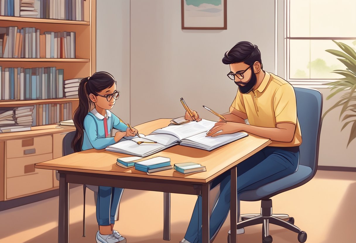 एक व्यक्ति और एक बच्चा किताबों और पेंसिलों के साथ एक मेज पर बैठे हैं। विवरण स्वचालित रूप से उत्पन्न होता है
