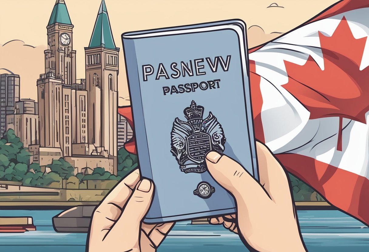 A person holding a passport in front of a flagDescription automatically generated