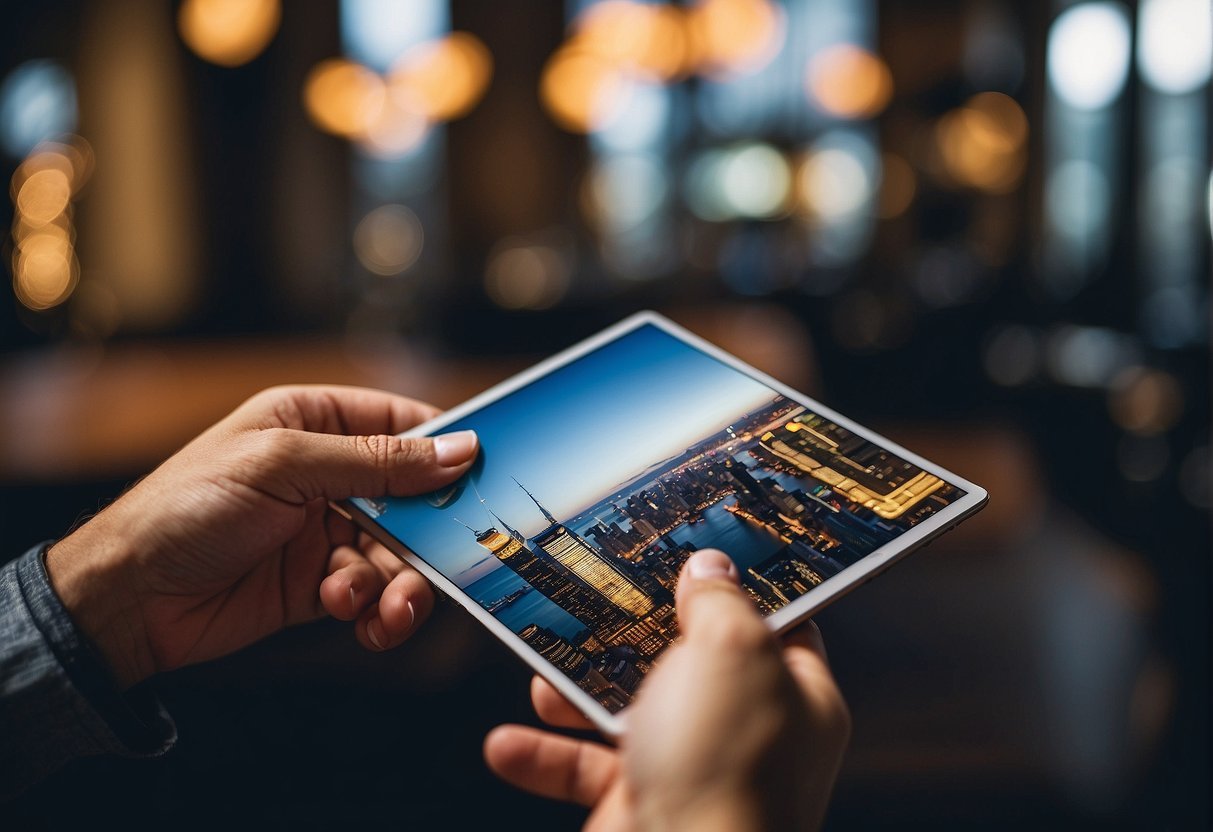 Uma pessoa segurando um tablet com a foto de uma cidadeDescrição gerada automaticamente