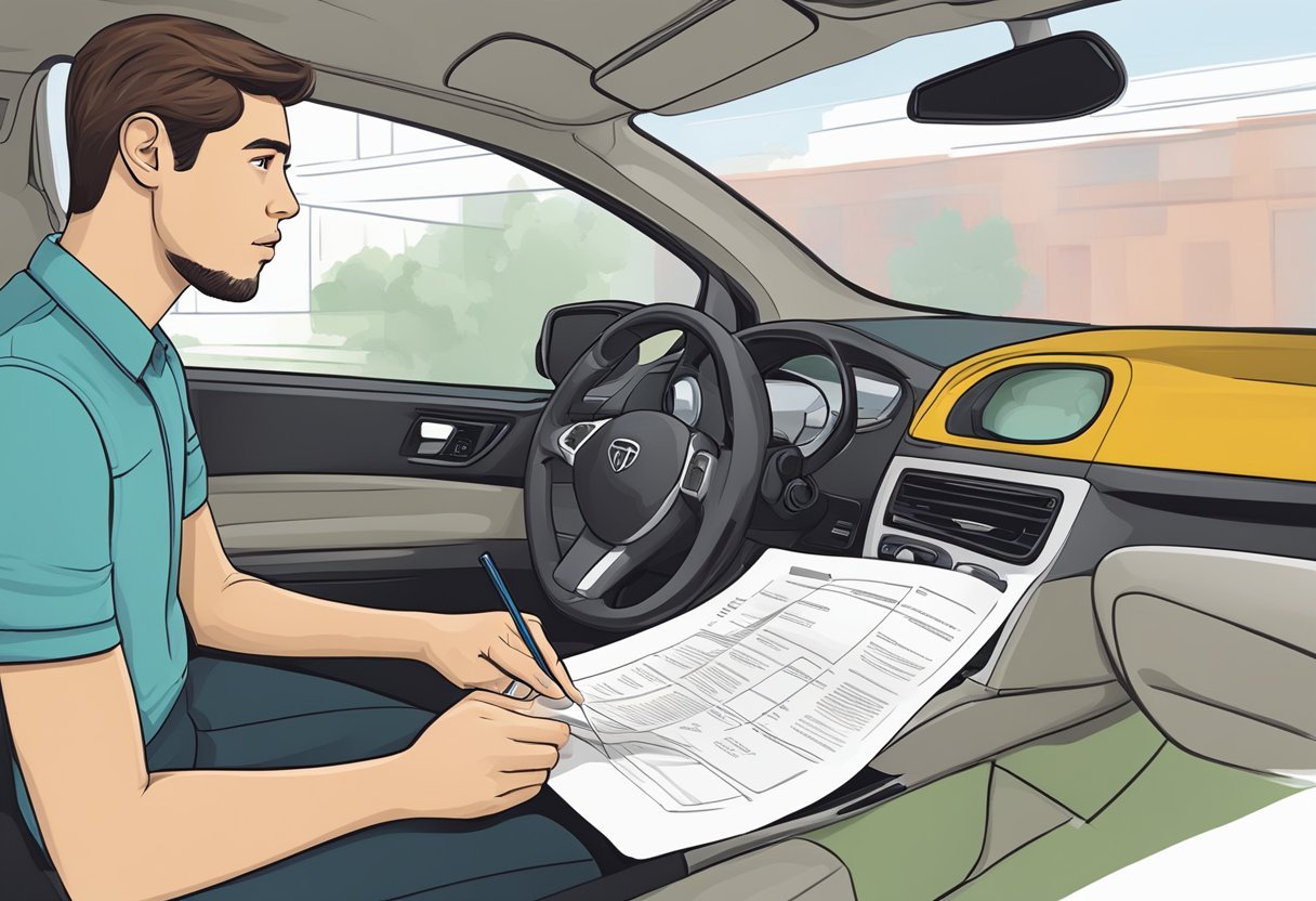 A person sitting in a car writing on a paperDescription automatically generated