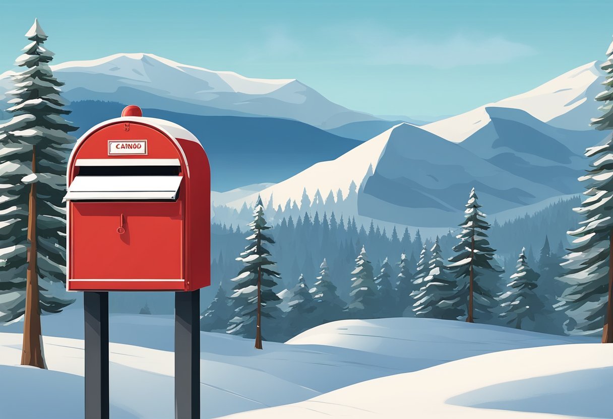 A red mailbox in the snowDescription automatically generated