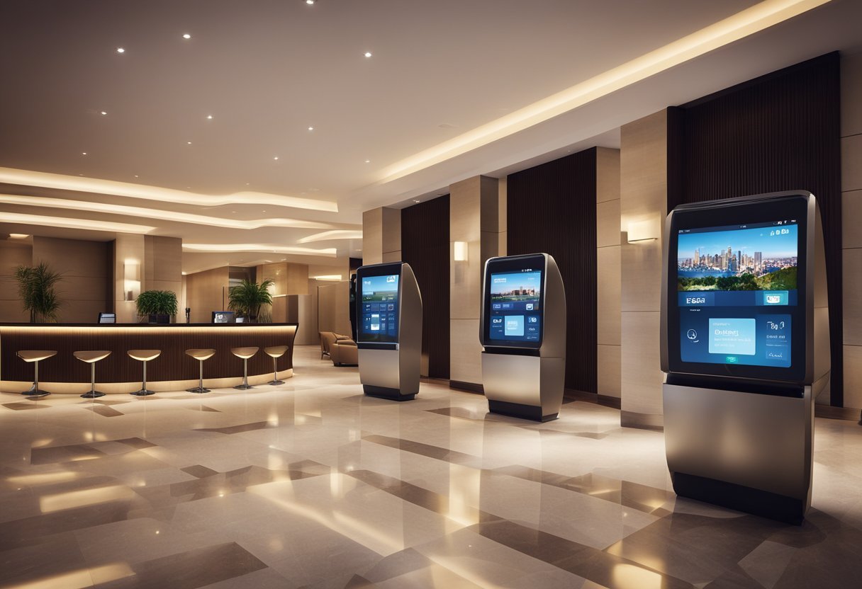 A room with a reception desk and a large screenDescription automatically generated with medium confidence