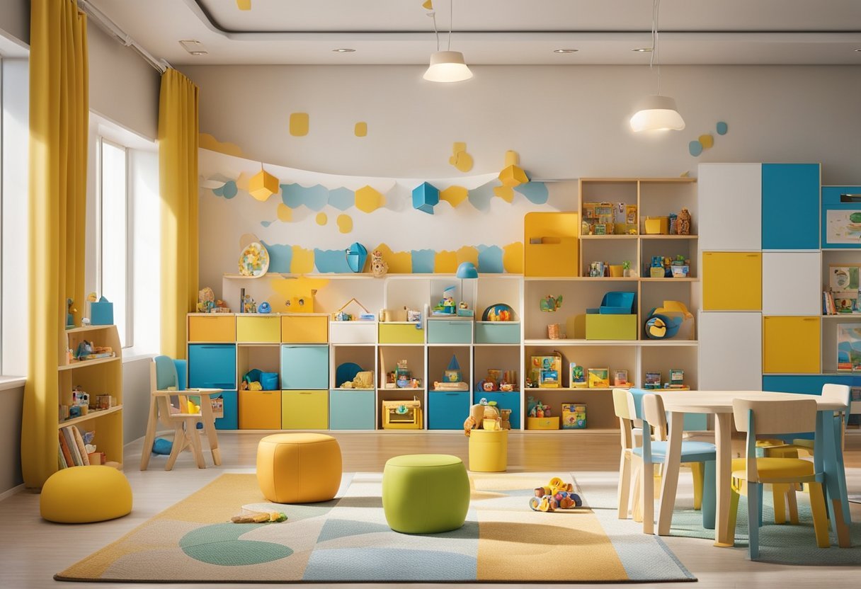 रंगीन फर्नीचर और खिलौनों वाला एक कमरा विवरण स्वचालित रूप से उत्पन्न होता है